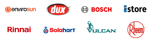Logos of leading hot water system brands available on the Sunshine Coast