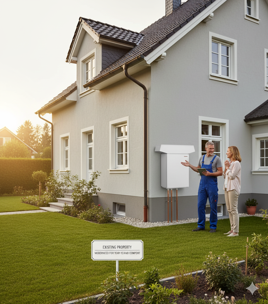 Technician describing an outdoor hot water system installation at a Sunshine Coast residence.