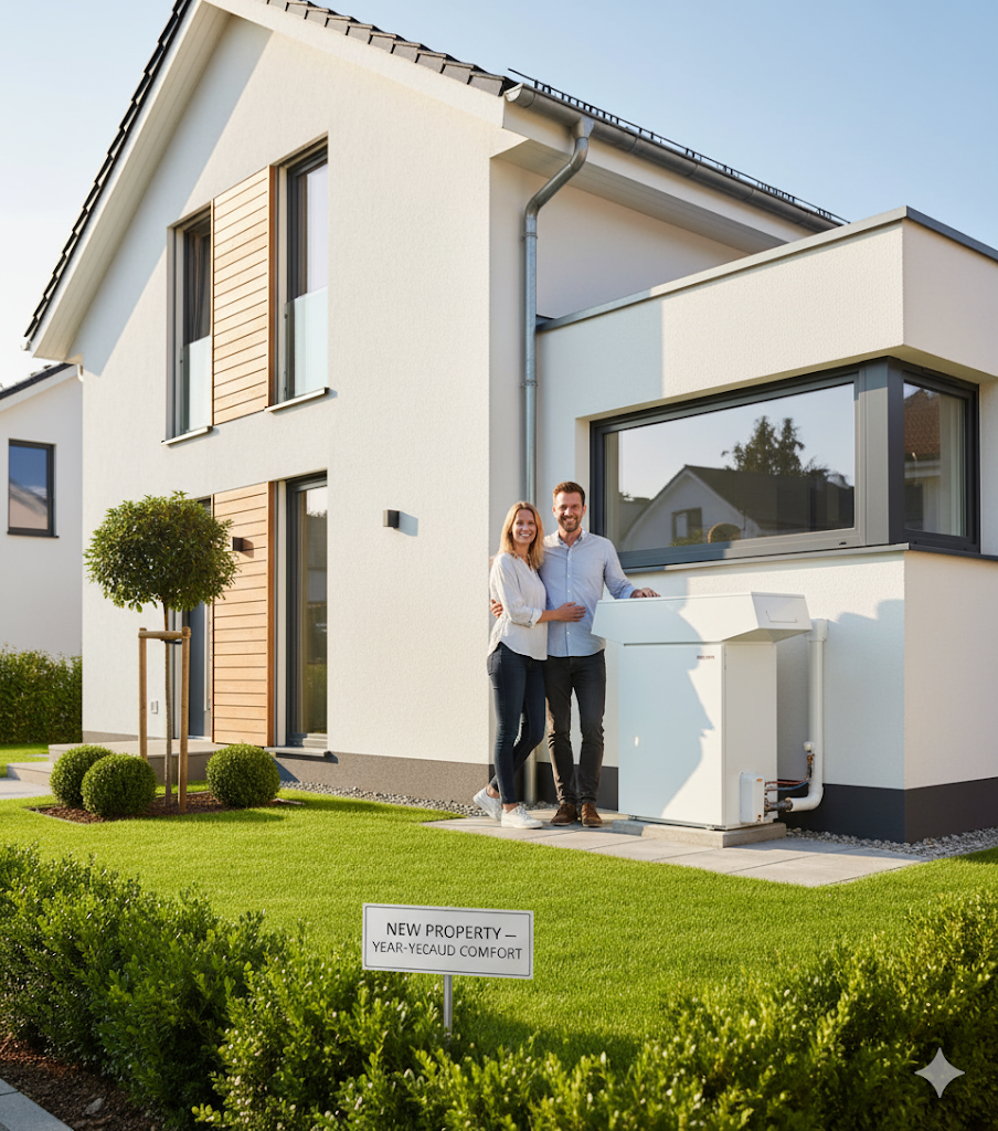 Couple standing next to an outdoor hot water system at a new Sunshine Coast home